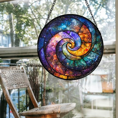 Stained Glass Window Hanging, Blue Orange Starry Sky Sun Catcher for Door Terrace Garden Home Decor, Abstract Universe Suncatcher Birthday Gifts for Lovers Women Men Dad Mom Nana 6.3 in