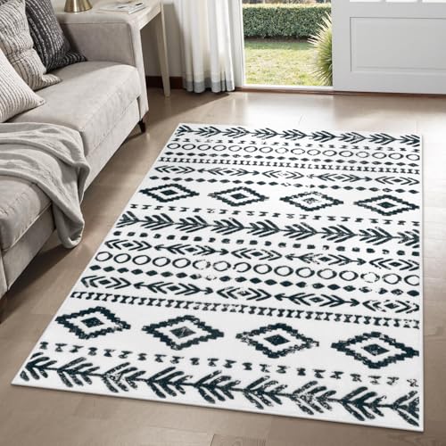 Lahome Boho Moroccan 3x5 Rug, Ultra-Thin Soft White Washable Rugs for Bedroom Non-Slip Rubber Backing, Farmhouse Geometric Print Kitchen Throw Mat Large Indoor Carpet for Entry Entrance Varena - color: White/Black, size: 3' x 5'