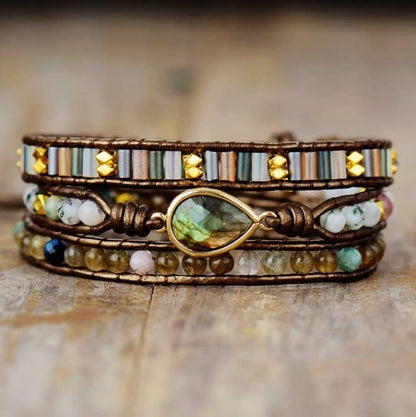 Handmade Boho Wrap Bracelets Natural Turquoise Crystal Stone Variety Beaded Strand Bracelet - color: Labradorite