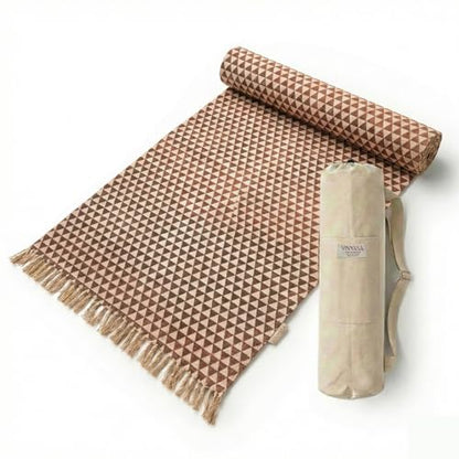 VINYASA Handwoven Cotton Yoga Rug Mat – Naturally Dyed | Absorbent, Washable Yoga Mat/Fitness Rug, Hatha, Pilates & Meditation - Non-Slip Grip | Extra Long & Wide | Trikon Series - color: Cutch