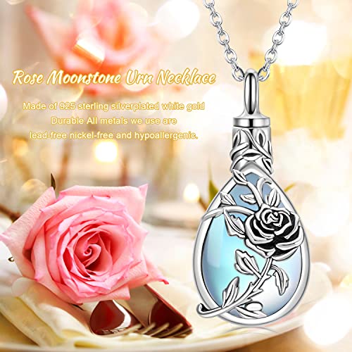 JUSTKIDSTOY Moonstone Urn Necklace for Ashes Sterling Silver Daisy/Rose/Tree Teardrop Pendant Necklace Cremation Jewelry Keepsake Memorial Gifts for Mother Grandma w/Funnel Filler - style: Rose