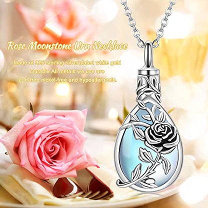 JUSTKIDSTOY Moonstone Urn Necklace for Ashes Sterling Silver Daisy/Rose/Tree Teardrop Pendant Necklace Cremation Jewelry Keepsake Memorial Gifts for Mother Grandma w/Funnel Filler - style: Rose