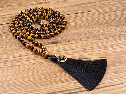 COAI OM Charm Hand Knotted Tassel 108 Mala Beads Necklace - color: Tiger eye, size: 8mm