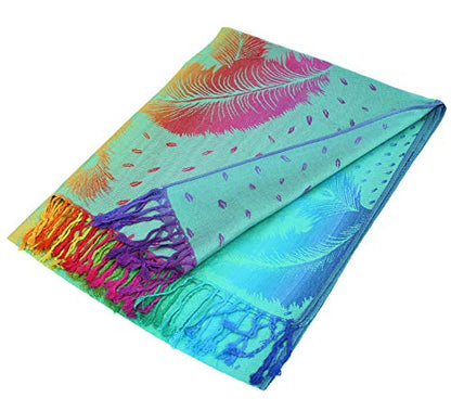 PASKMLNA Double Side Multi Colors Silky Tropical Colorful Exotic Pashmina Wrap Shawl Scarf Rave - color: 050-green Multi Feathers