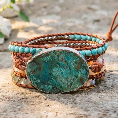 YGLINE Boho Handmade Natural Stone Wrap Bracelets Jasper Crystal Beads Bracelet Jewelry - color: green jasper