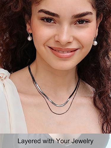 FOCALOOK 14K Gold Plated Necklaces for Women, Fashion Herringbone Choker Necklace Stainless Steel Flat Snake Chain 3/5MM(W) 12.5"/15"/18"+3.5"(L) - color: 3MM-Black-12.5"