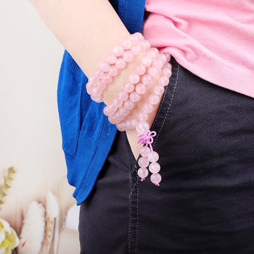 AD Beads 6mm 8mm 108 Prayer Mala Jasper Elastic Bracelet - Handmade Yoga Meditation Healing Power Energy Gifts for Unisex Adult. - color: Rose Quartz (Courage)