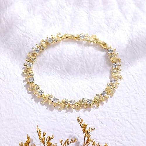 14K White/Yellow Gold Plated 4mm Cubic Zirconia Elephant Bracelet for Women Cute Animal CZ Link Chain Bracelet with Fold Over Clasp Jewelry Gift（6.5 Inch+1Inch） - color: Gold Plated