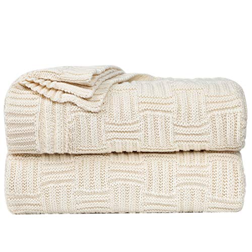 uxcell 100% Cotton Cable Knit Throw Blanket,Soft Lightweight Lap Blanket,Textured Solid Sofa Throw Couch Cover Decors Knitted Blankets, Beige 50"x 60" - color: Beige