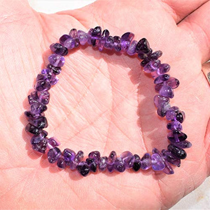 Zenergy Gems Charged Premium Natural Crystal Chip Bead Bracelet + Moroccan Selenite Charging Crystal [Included] - color: Amethyst (Premium - Dark)