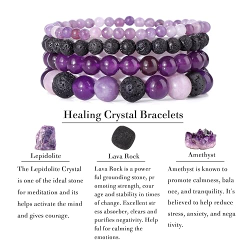 4pcs Beaded Bracelets for Women,Natural Healing Crystal Gemstones Bracelet,Anxiety Stress Relief Bracelet Handmade purple Jewelry Gifts for Women - color: Lepidolite&Lava Rock&Amethyst