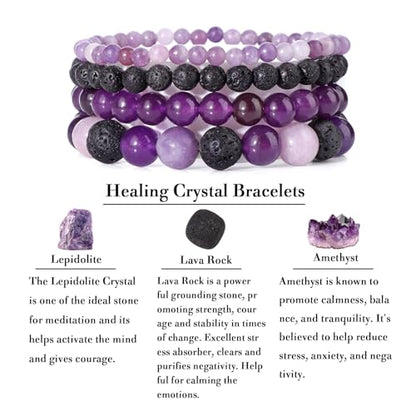 4pcs Beaded Bracelets for Women,Natural Healing Crystal Gemstones Bracelet,Anxiety Stress Relief Bracelet Handmade purple Jewelry Gifts for Women - color: Lepidolite&Lava Rock&Amethyst