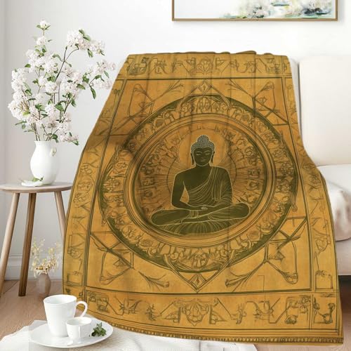 Zen-Inspired Mandala Blanket, Meditating Buddha Design, Golden Earth Tones, Lightweight Throw for Meditation, Yoga, Living Room, Office, and Bedroom, Boho Aesthetic for All Ages, 80"x60" - size: 80"x60"