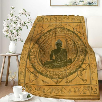 Zen-Inspired Mandala Blanket, Meditating Buddha Design, Golden Earth Tones, Lightweight Throw for Meditation, Yoga, Living Room, Office, and Bedroom, Boho Aesthetic for All Ages, 80"x60" - size: 80"x60"