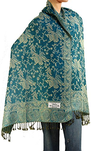 Falari Women's Reversible Paisley Pashmina Shawl Wrap Scarf For Evening Dresses Festivals Any Occasions All Seasons 80"x27" - color: Style 1 - Teal