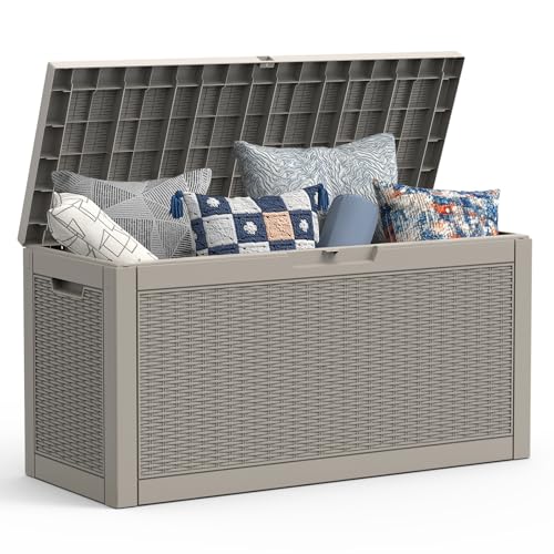 Mars Villa 60 Gallon Deck Box, Outdoor Storage Box Waterproof, Outside Resin Storage Bin for Outdoor Patio Furniture Cushion, Pool Supply, Garden Tool, UV-Resistant and Weatherproof, Rattan Greige - color: Greige, size: 60 Gallon