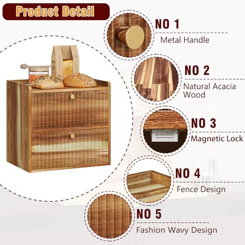 Trironsun Acacia Bread Box for Kitchen Countertop Wood Bread Storage Container Bin Double Layer BreadBox Farmhouse Large Capacity Food Organizer (Acacia Wood) - color: Acacia Wood