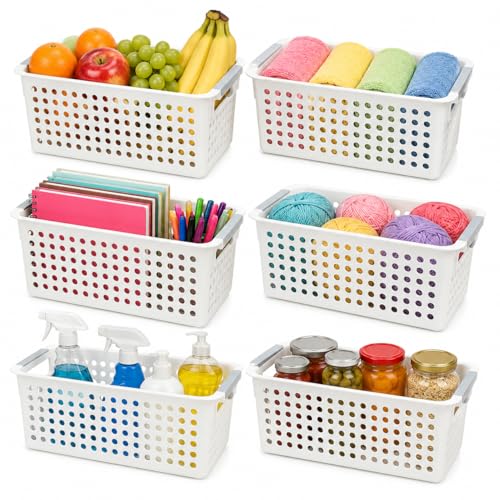 Basicwise Set of 6 Plastic Storage Baskets, 12" x 5" x 5" Ivory Organizer Bins with Handles, Perforated Small Storage Containers for Pantry, Bathroom, Laundry, Closet, Office, Toys, Shelves, Home - size: Set of 6