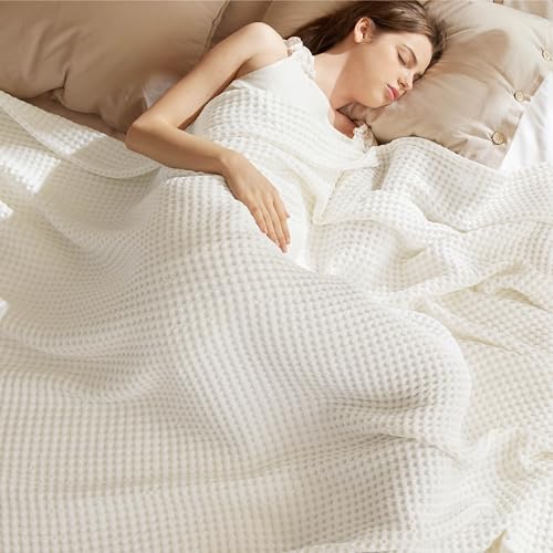 Bedsure 100% Cotton Twin XL Blanket for Spring Summer, Soft Waffle Weave Bed Blanket, Thin Lightweight Breathable Cotton Bedding, College Dorm Room Essentials for Girls, Guys, Ivory, 66" x 90" - color: Ivory, size: Twin Xl (66" X 90")
