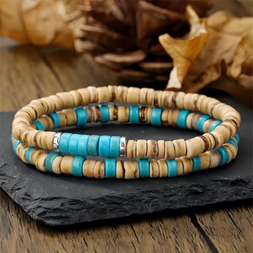 Puka Shell Bracelet for Men Wooden Bracelets Turquoise Stack Beaded Minimalist Trendy Jewelry for Friend Gift - style: 2pcs-Brown Blue