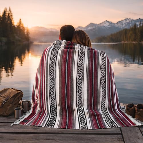Mexican Blanket (Authentic Handmade Falsa) - Durable, Lightweight Baja Indian Blanket for Yoga, Beach, Camping, Picnic, Car/Truck, Outdoor Mexican Throw, Baja Saddle Blanket, 70"x50", Cherry - color: Cherry