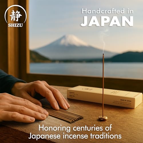 Shizu Sandalwood Incense Sticks – Artisanal Temple Grade Japanese Incense with Brass Holder – Calming Scent for Relaxation, Meditation & Home Spa, Elegant Gift Set (60 Sticks)