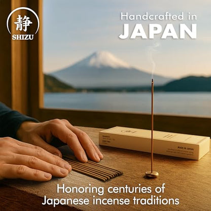 Shizu Sandalwood Incense Sticks – Artisanal Temple Grade Japanese Incense with Brass Holder – Calming Scent for Relaxation, Meditation & Home Spa, Elegant Gift Set (60 Sticks)