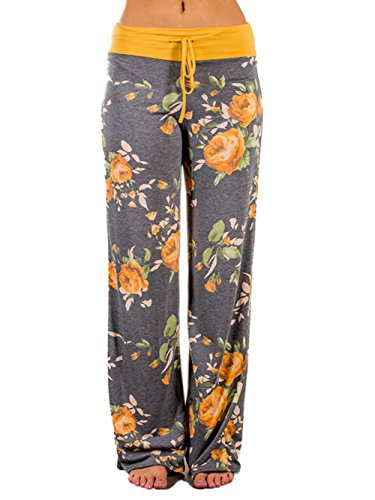 iChunhua Women's Comfy Stretch Floral Print Drawstring Palazzo Wide Leg Lounge Pant