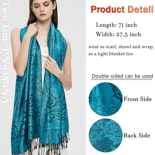 Pashmina Shawl Wrap with Ethnic Paisley Two Tone Jacquard Scarf for Women - color: Paisley-blue