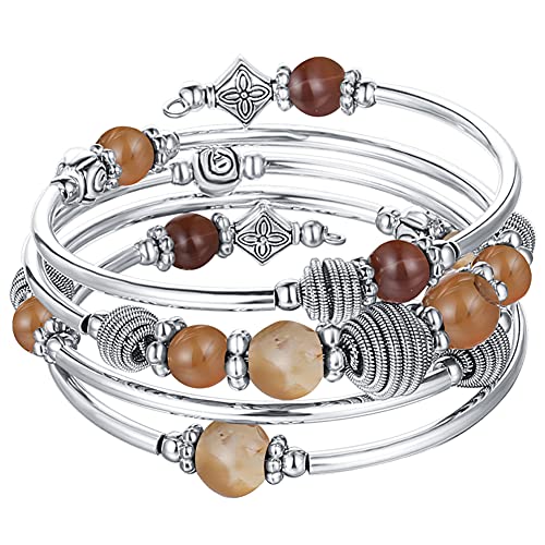 PEARL&CLUB Beaded Chakra Bangle Turquoise Bracelet - Fashion Jewelry Wrap Bracelet with Thick Silver Metal and Mala Beads, Birthday Gifts For Women
