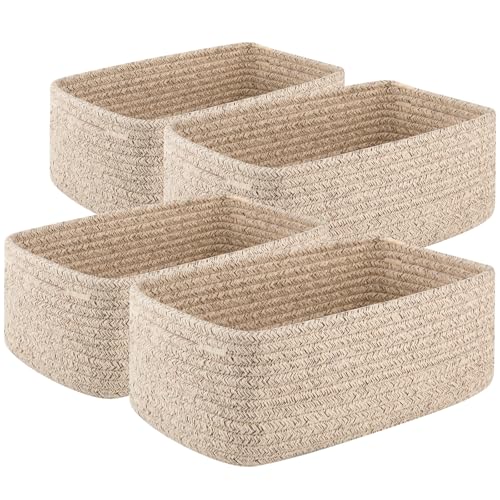 4 Pack Small Storage Shelf Baskets for Organizing, Mini Woven Rope Storage Bins for Towels, Cute Decorative Closet Organizer，Baby Nursery, Gift Empty Baskets -11.81''Lx7.87''Wx4.72''H'-Brown - color: Brown, size: 11.81''Lx7.87''Wx4.72''H