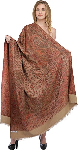 Exotic India Reversible Jamawar Shawl with Woven Paisleys - Wool - color: Light Taupe