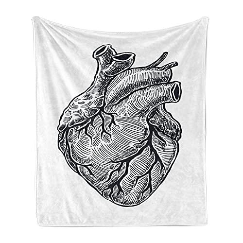 Lunarable Heart Soft Flannel Fleece Throw Blanket, Realistic Human Heart Sketch Hatched Vintage Style Drawn Anatomical Art, Cozy Plush for Indoor and Outdoor Use, 50" x 60", Charcoal Grey - color: Charcoal Grey, size: 50" x 60"