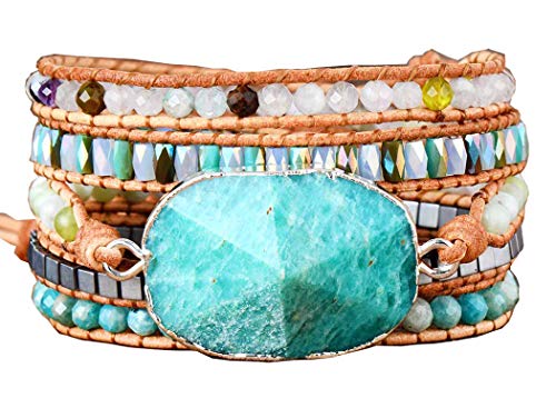 Boho Wrap Bracelet for Women, Handmade Natural Imperial Jasper Multi-Layer Stone Beaded Bracelet, Bohemian Healing Crystal Stone Jewelry Gifts - color: Amazonite