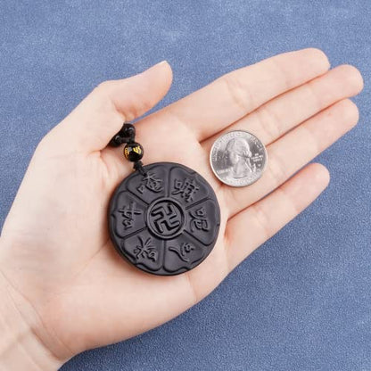 Black Obsidian Necklace Protection Pendant with Extended Bead Chain Healing Crystal Stone Amulet Necklace for Men Women - color: Daming Mantra