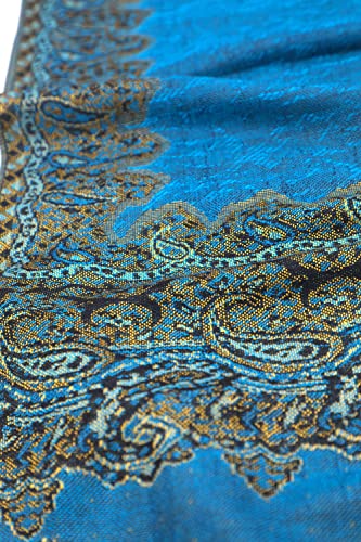 Achillea Reversible Paisley Pashmina Rave Scarf – Exotic Indian Shawls and Wraps for Evening Dresses, Festivals, All Seasons - color: Border Turquoise