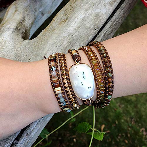 Boho Wrap Bracelet for Women, Handmade Natural Imperial Jasper Multi-Layer Stone Beaded Bracelet, Bohemian Healing Crystal Stone Jewelry Gifts - color: White Opal