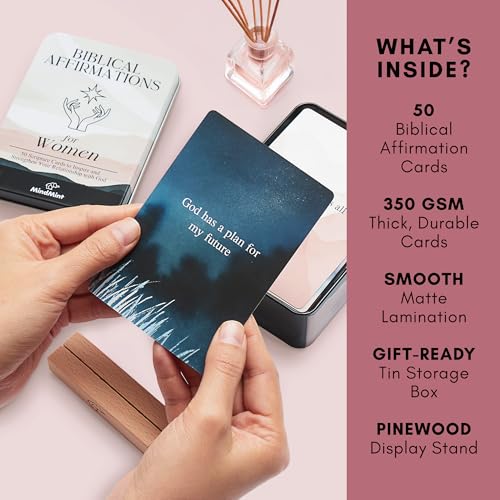 Scripture Cards with Bible Verses - 50 Daily Biblical Affirmation & Spiritual Prayer Cards - Religious & Christian Faith-Based Gifts for Women - Comes with Metal Box & Wooden Stand - color: Biblical Affirmations For Women