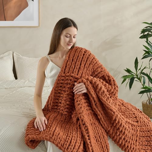 Soft Knitted Throw Blanket - 50x60 Inch Cozy & Lightweight All-Season Blanket, Wrinkle-Resistant Polyester for Couch, Bed, Sofa, Reading Nook (Orange) - color: Orange