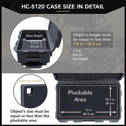 Lykus HC-5120 Waterproof Hard Case with Wheels and Customizable Foam, Interior Size 20.3x11.3x7.3 inch, Suitable for camera, lens, drone, mic, flashlight, projector, electronics, tools, and more