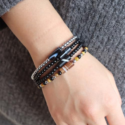 Natural Stone 4mm Round Beads Agate Adjustable Braided Elastic Rope Bracelets Unisex for Men Women - color: Color1-4pcs