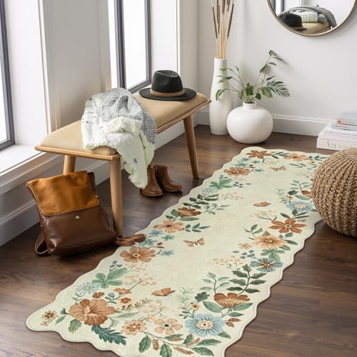 Lahome Floral Kitchen Runner Rug, 2x5 Rug Runners for Hallways Non Slip Ultra-Thin Soft Washable Carpet Runner, Non Slip Low-Pile Boho Carpet for Bathroom Bedroom Flore (2x5ft,Beige) - color: Beige, size: 2' x 5'（Runner）