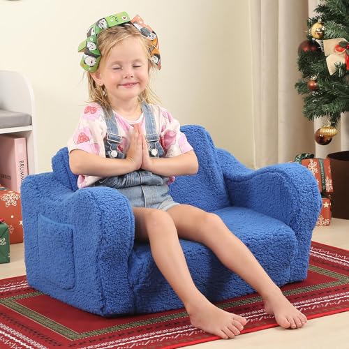MOMCAYWEX Kids Sofa, 2-in-1 Flip-Out Foam Couch with Soft Sherpa Cover, Cozy Play Lounge Chair, Sky Blue - color: Sky Blue, size: Medium