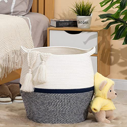 KAKAMAY Woven Baskets for Storage(17"x17"),Large Cotton Rope Basket Woven Baby Laundry Hamper,Collapsible Laundry Basket, Blanket Basket for Living Room,Nursery,Clothes, Toy chest(Navy Blue) - color: Navy Blue