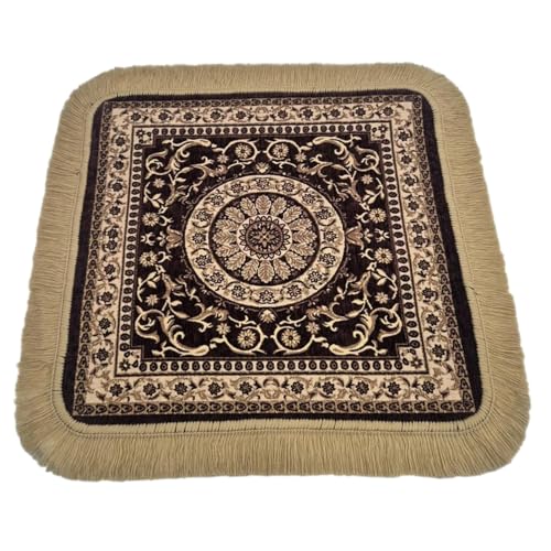 Soft Chenille Prayer Mat | 1.5x1.5 Feet Traditional Mandala Floral Pooja Aasan with Golden Fringes | Multipurpose Square Rug for Meditation, Yoga, Puja Room & Home (Pack of 2, Brown) - color: Brown, size: 1.5x1.5 Feet