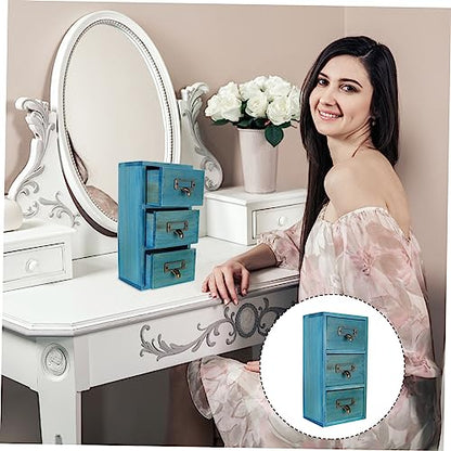 Antique Style Wood Storage Box Multi-functional Organizing Box for Home and Office Desktop Elegant Compartment Design for Cosmetics and Daily Essentials Blue