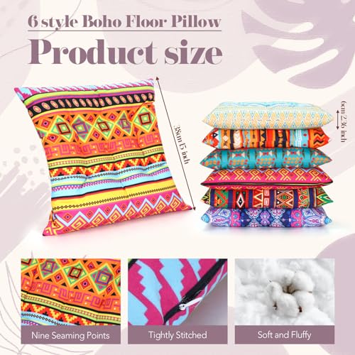 Menkxi 6 Pcs Bohemian Floor Pillows Seating 15 Inch Boho Floor Cushions Sitting Pillows Square Yoga Mandala Meditation Pouf for Living Room Balcony Office Tatami(Stylish) - color: Stylish