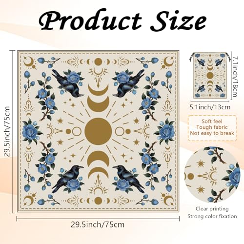 Tarot Altar Cloth Beige Tablecloth Moon Phases Flowers Crows Print Card Table Tablecloth with Tarot Card Bag for Reading Rituals Crystals Spiritual Divination Witchcraft Supplies - color: Moon Flowers Crows