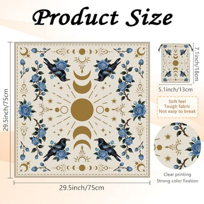Tarot Altar Cloth Beige Tablecloth Moon Phases Flowers Crows Print Card Table Tablecloth with Tarot Card Bag for Reading Rituals Crystals Spiritual Divination Witchcraft Supplies - color: Moon Flowers Crows