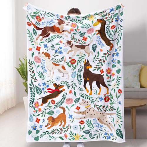 Dog Blanket Ultra Soft Floral Throw Blankets Gifts for Dog Lover Blanket Flower Leaves Flannel Fleece Throw Lightweight Warm Cozy Fuzzy Plus Cabin Blanket for Bed Sofa, 50" X 60" - color: Brown Dogs, size: 50"×60"